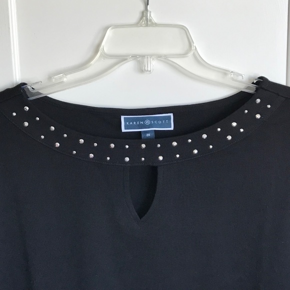 KAREN SCOTT 100% Cotton Silver Studded Neckline Black Top Women’s Plus Size 2X - Picture 2 of 16